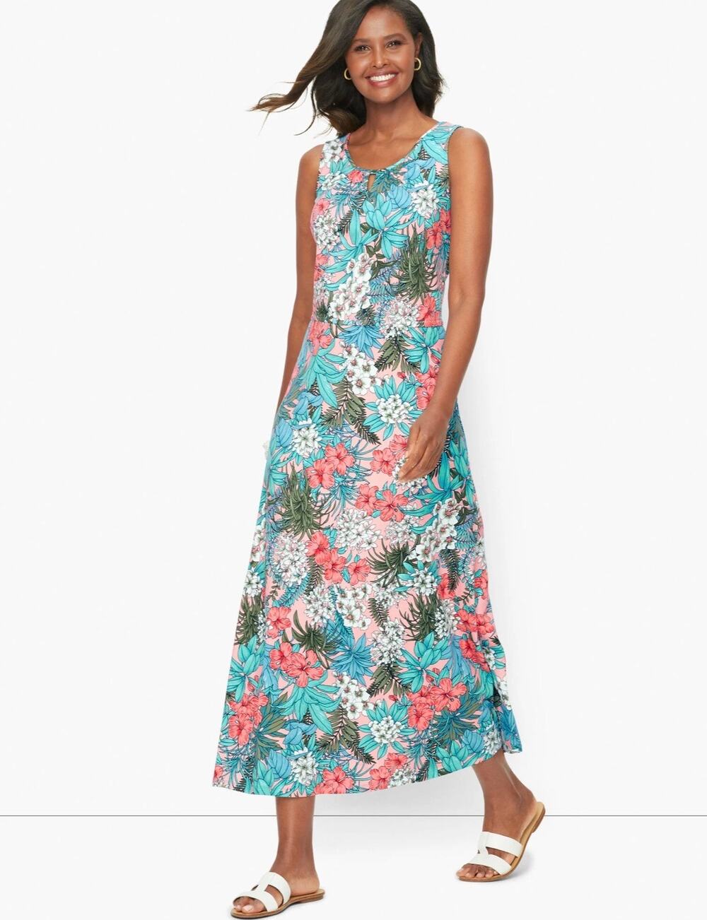 Talbots Floral Jungle Jersey Maxi Dress Sleeveless Tropical Lg Blue Green Pink
